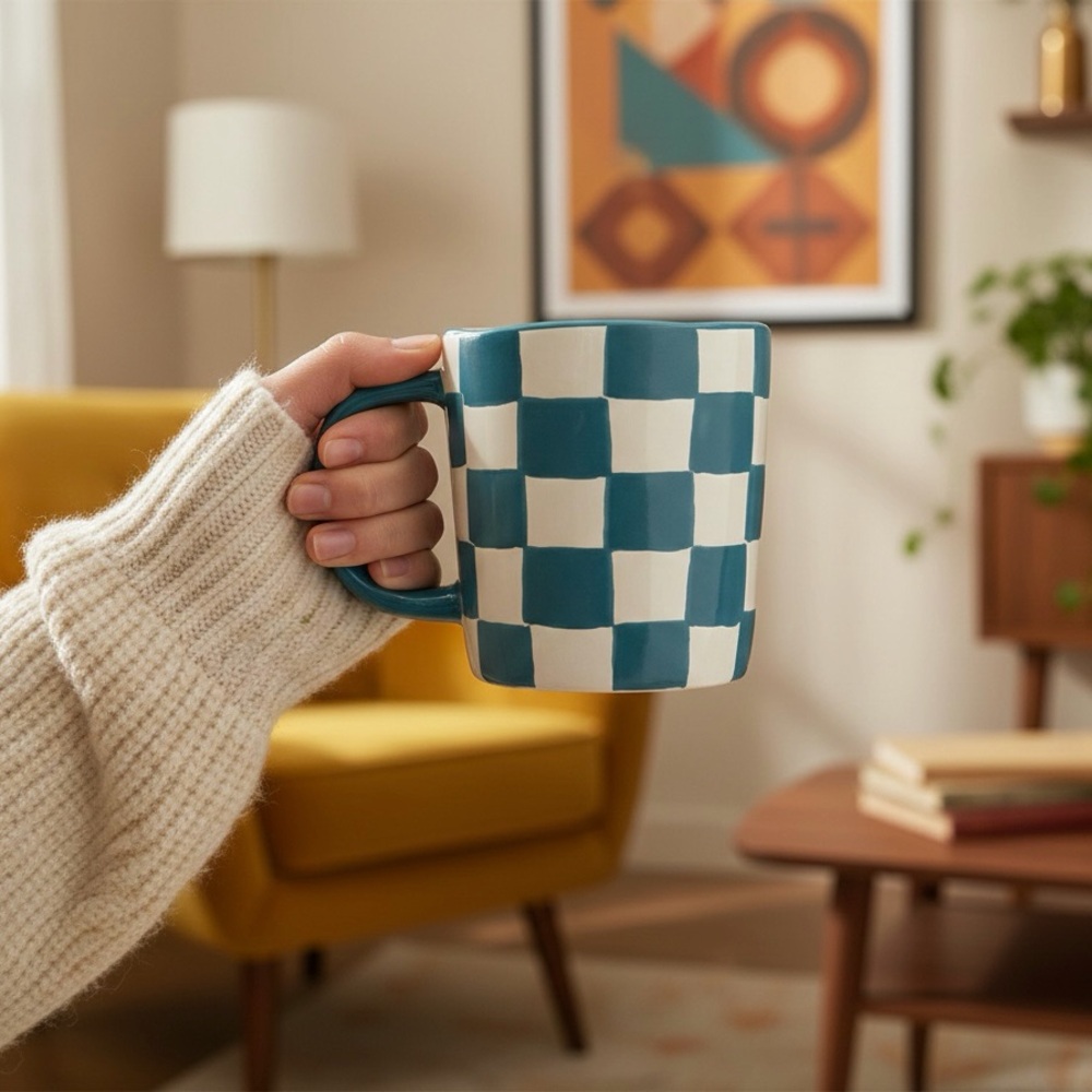 Retro Blue and White Checkered Ceramic Mug - 18oz Large Hand-Painted